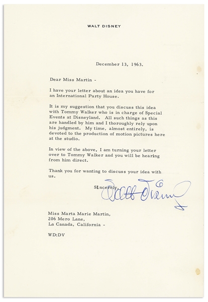Walt Disney Letter Signed From 1963 -- ''...My time, almost entirely, is devoted to the production of motion pictures here at the studio...''